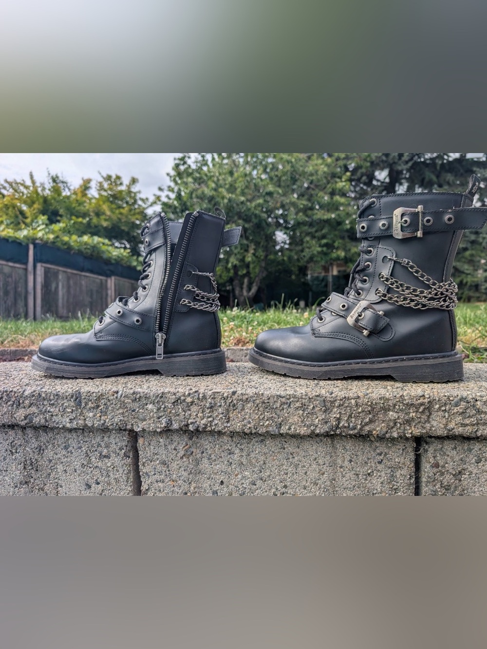 Demonia Black Combat Boots with Side Zipper and Chain Detail